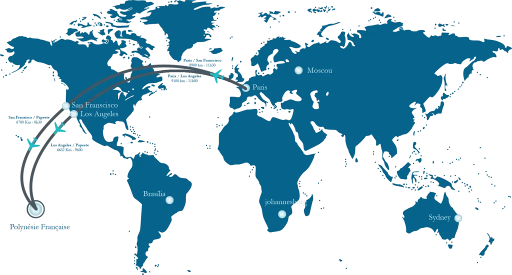 Carte avec trajet compagnie aérienne vers Tahiti